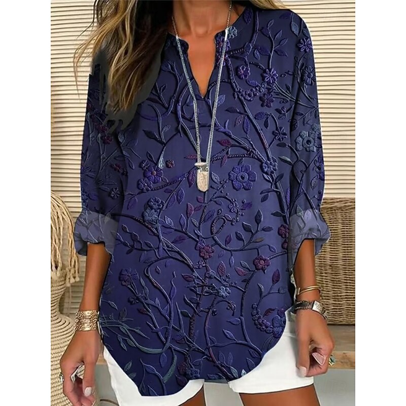 Women's Blouse Tunic V Neck Long Sleeve Boho Casual Tops Floral Graphic Elegant Stylish Regular Tops Daily Print Red Blue Purple Green Gray Fall4