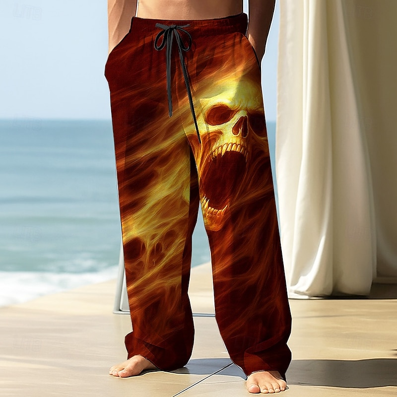 Men's Trousers Baggy Pants Casual Pants Elastic Drawstring Waist Linen-Like Pants with Pockets Skull Death Halloween Costumes Full Length Outdoor Holiday Dark Punk Gothic Style Black Red Micro-elastic4