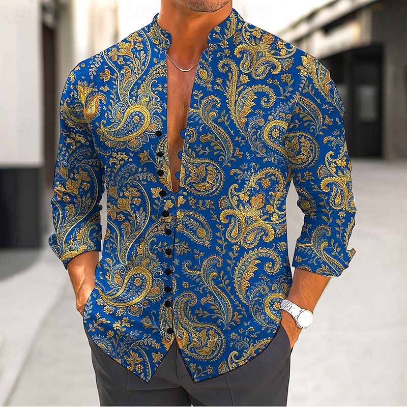 Men's Paisley Floral Print Flowers Shirt Stand Collar Shirt Long Sleeve Ethnic Vintage Retro Vacation Dailywear Spring Fall Mandarin Collar Band Collar Button-Down Linen Like Shirt Dark Blue