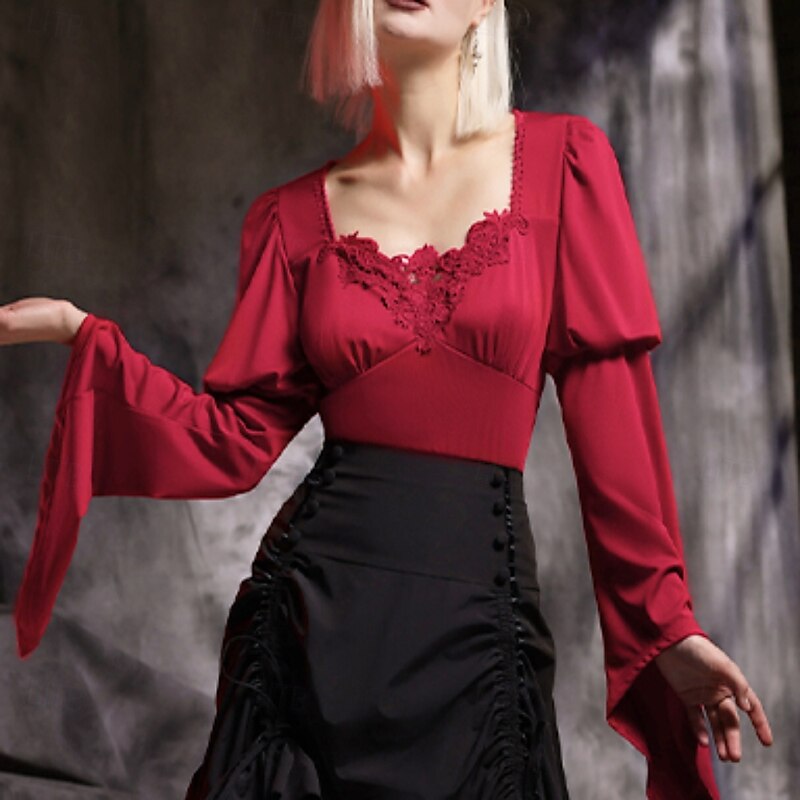 Retro Vintage Rococo Medieval Blouse / Shirt Vampire Vikings Solid Color Fancy Dress Women's Celtic Pirate Fantasy Masquerade Casual Daily Adults' Blouse4