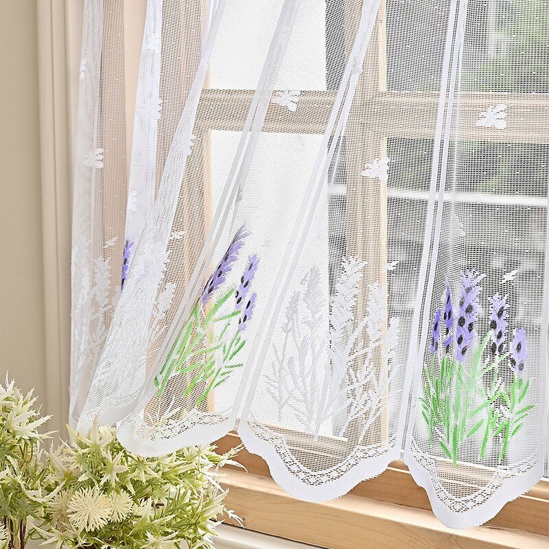 1pc Romantic Lavender Lace Cafe Curtain - Purple and White Floral Design, Semi-Transparent Polyester, Rod Pocket Hanging for Kitchen and Home Decor2