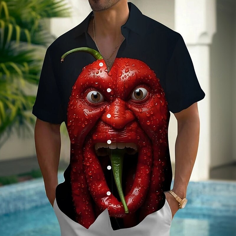 Men's Cartoon Funny Pepper Shirt Summer Shirt Button Up Shirt Short Sleeve Fashion Casual Outdoor Vacation Dailywear Summer Spring Turndown 3D Print Collared Shirts Front One Pocket Black