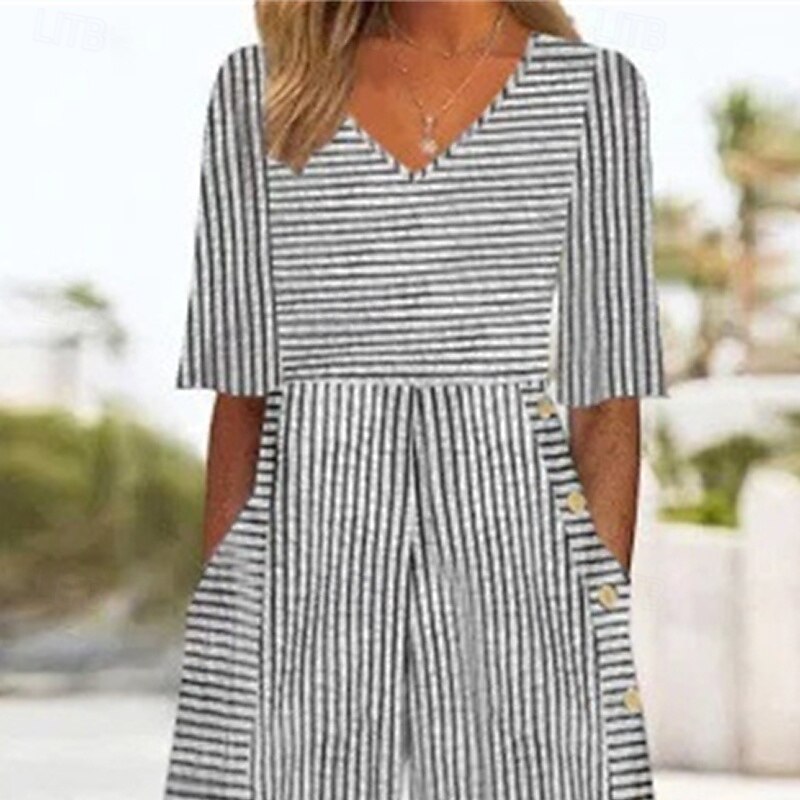 Women's Normal Jumpsuit Streetwear Striped Short Sleeve Wide Leg V Neck Pocket Print Street Daily Regular Fit Black Blue Summer3