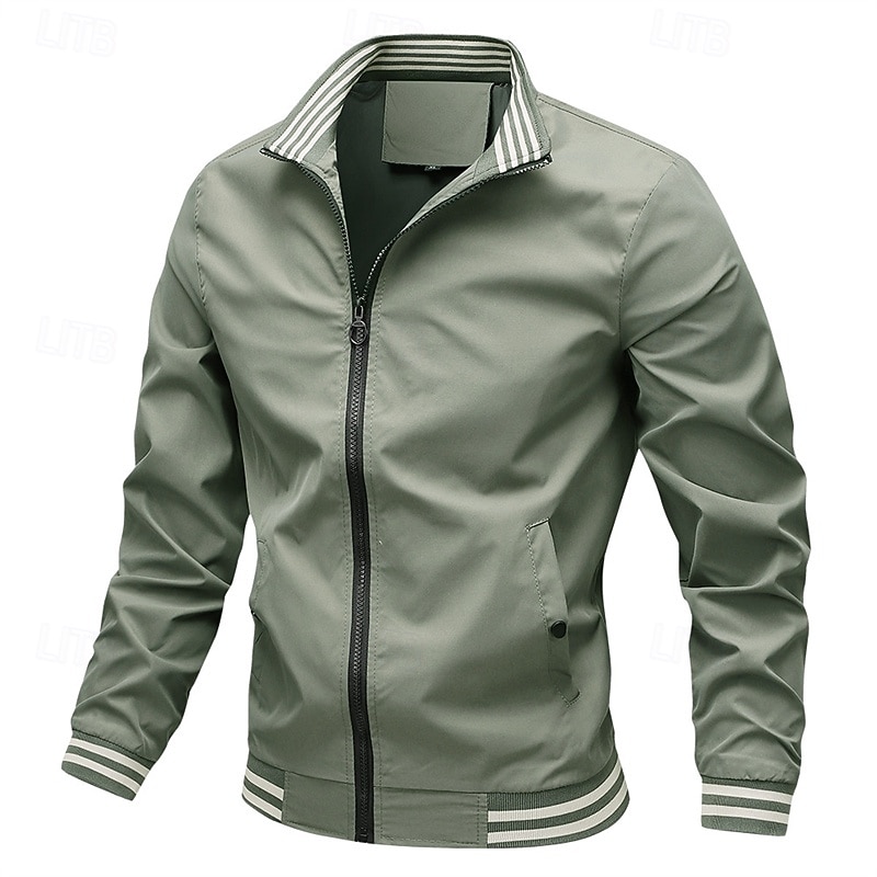 Men's Lightweight Jacket Casual Jacket Vacation Daily Pocket Spring Fall Plain Fashion Classic Stand Collar Regular Black Green Beige Jacket