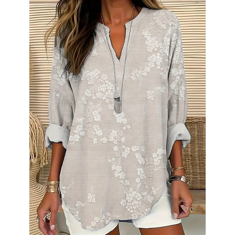 Women's Shirt Floral Daily Casual Long Sleeve V Neck Regular Tops Daily Holiday Buttons Print Khaki Spring Fall