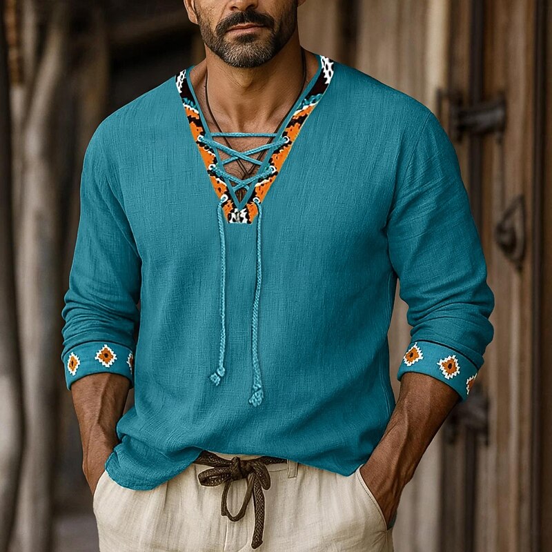 Men's Shirt Linen Shirt Viking Style Summer Shirt Beach Shirt Solid Color Vacation Casual Black White Green Long Sleeve V Neck Summer Spring Clothing Apparel Drawstring