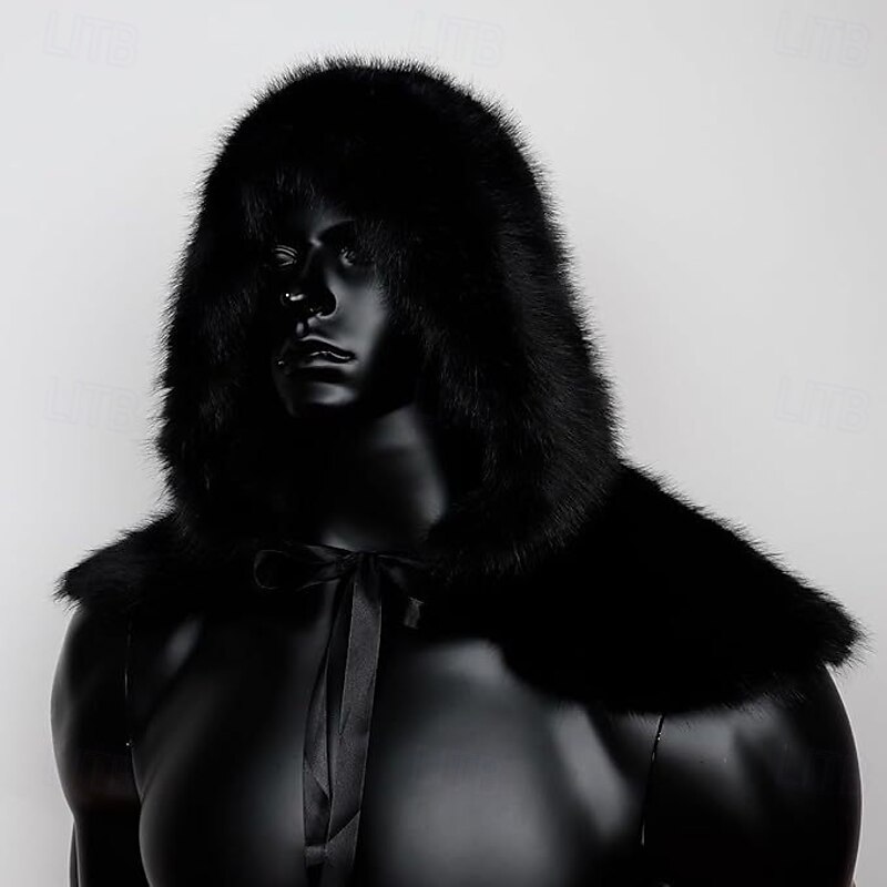Retro Vintage Medieval Renaissance Hooded Shawls Faux Fur Costume Warrior Viking Fancy Dress Men's Halloween Carnival Performance Party LARP Adults Shawl3