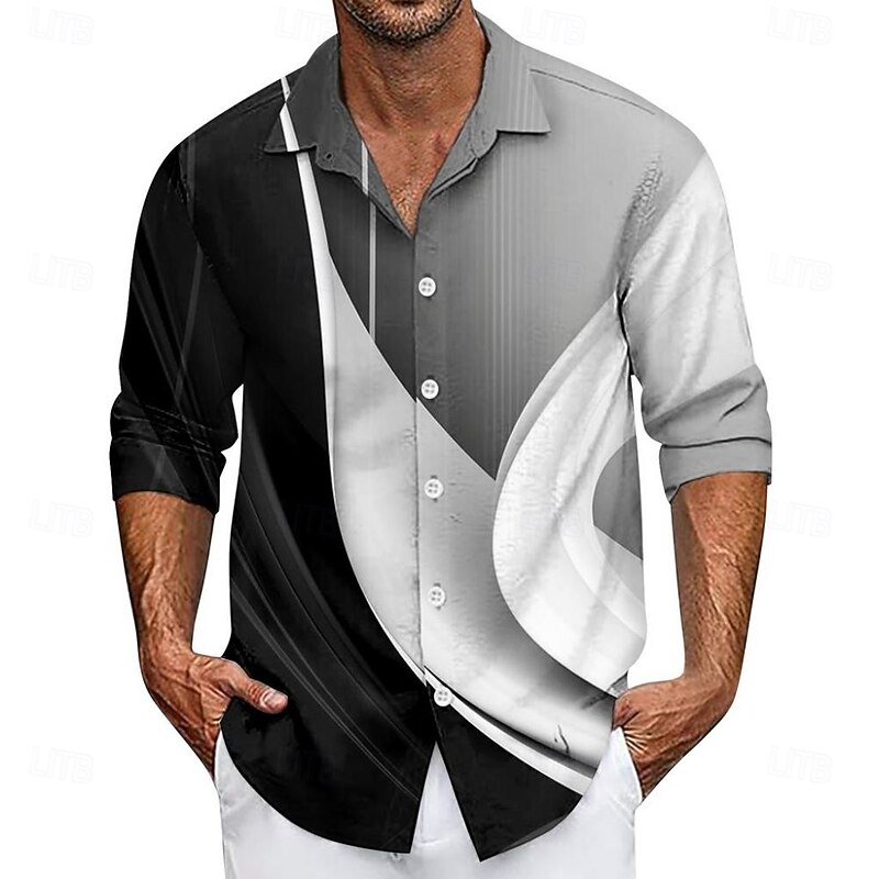 Men's Geometric Gradient Waves Shirt Button Up Shirt Casual Dress Shirt Long Sleeve Fashion Casual Vacation Daily Streetwear Summer Spring Turndown 3D Print Collared Shirts Black Blue Gold Dark Gray
