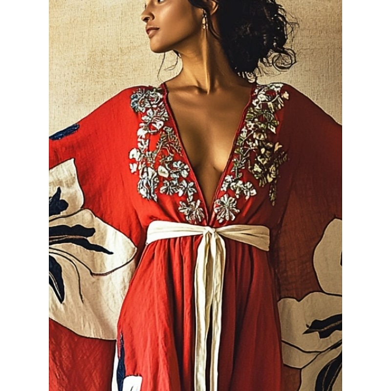 Women's Long Dress Maxi Dress Boho Dress Casual Dress Swing Dress Summer Dress Vintage Vacation Daily Beach Regular Fit Floral 3/4 Length Sleeve V Neck Red Summer Spring Fall2