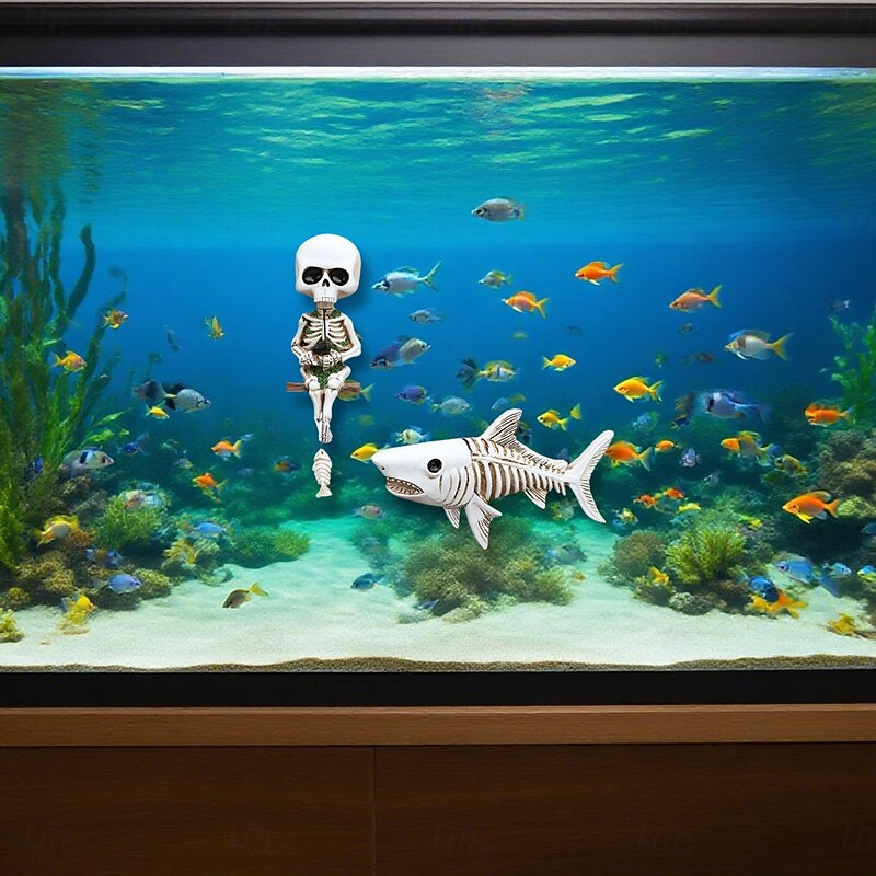 2PCS Halloween Resin Skeleton Fishing Shark Decor, Creative Wall Hanging Ornaments for Home, Fish Tank Landscape, and Light Switch Decoration2
