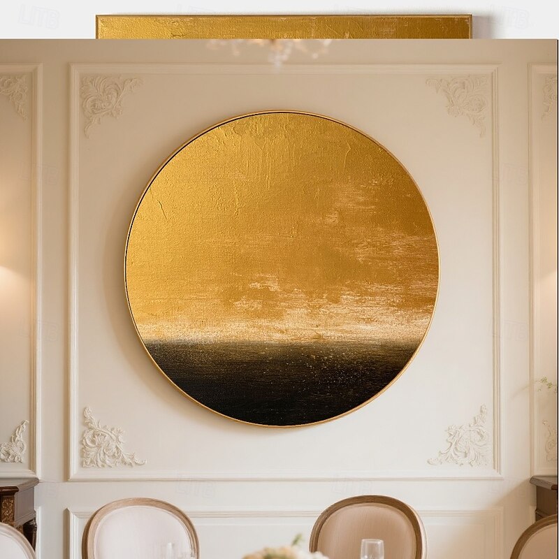 Handmade Circular Oceanic Canvas Deep Sapphire Gold Gradient Luminous Reflection Golden Horizon Contrast Abstract Sky and Sea Textured Paint Modern Calming Wall Art Minimalist Frame Gallery2