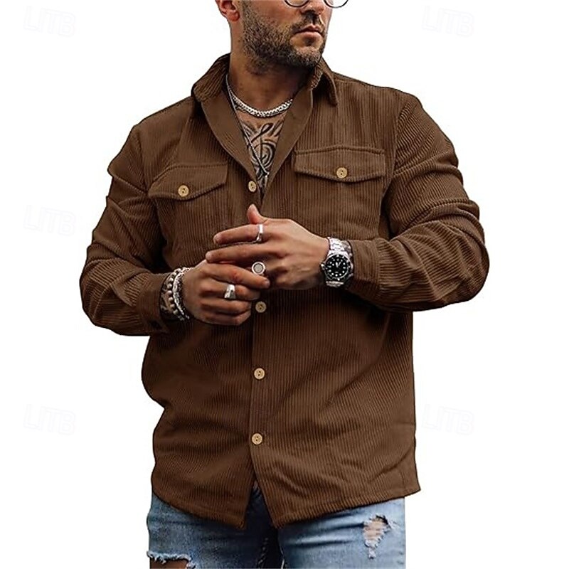 Men's Lightweight Jacket Corduroy Jacket Cargo Jacket Casual Jacket Vacation Daily Pocket Spring Fall Plain Fashion Classic Lapel Regular Black Navy Blue Brown Beige Gray Jacket - Main Image