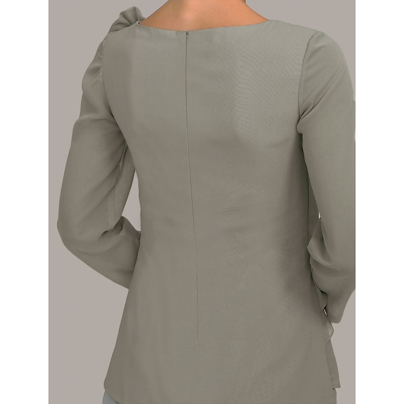 Beach Wedding Two Piece Pantsuit Mother of the Bride  Wedding Guest Elegant Plus Size Jewel Neck Floor Length Chiffon Long Sleeve with Bow(s) Ruffles3