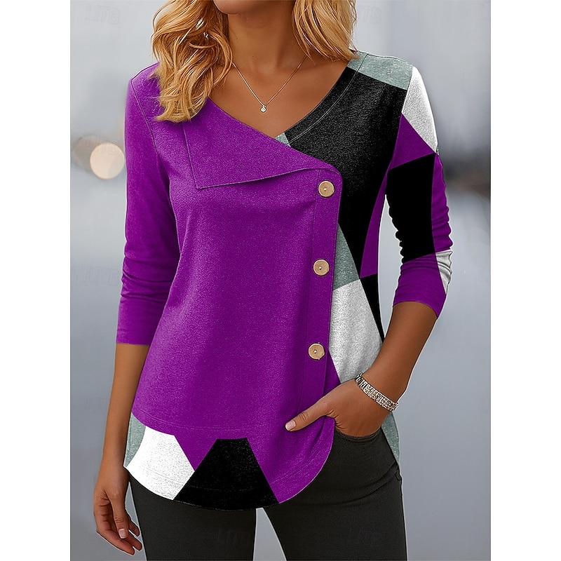 Women's Blouse Tunic V Neck Long Sleeve Buttons Graphic Geometric Color Block Vintage Stylish Modern Regular Tops Daily Patchwork Print Red Blue Purple Green Spring Fall Winter3