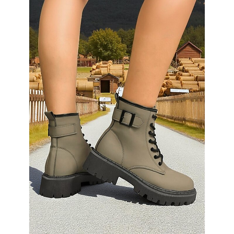 Women's Lace-Up Combat Boots with Side Buckle – Durable Anti-Slip Sole, Casual Outdoor & Farm Style, Perfect for Fall and Winter Wear3