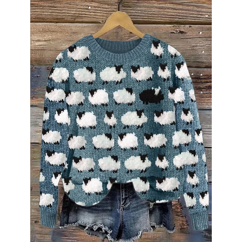 Women's Sweater Casual Soft Animal Ribbed Crew Neck Knitted Print Long Sleeve Regular Tops Knit Outdoor Daily Weekend Blue Green Fall Winter2