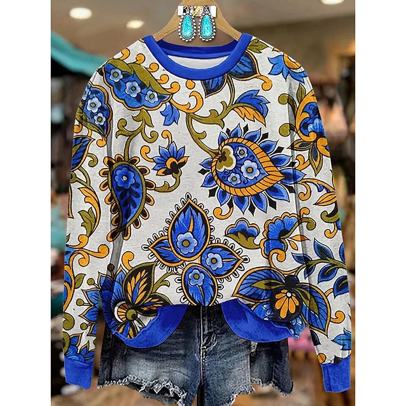 Women's Sweatshirts Graphic Paisley Casual Long Sleeve Crew Neck Regular Tops Street Dailywear Print Red Blue Orange Brown Fall Winter4