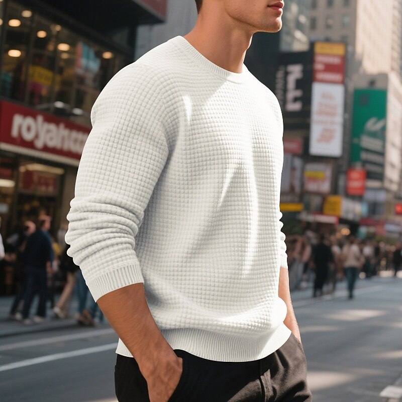 Men's Sweatshirt Black White Army Green Khaki Dark Gray Crew Neck Plain Jacquard Ribbed Textured Knit-texture Sports & Outdoor Daily Holiday Polyester Streetwear Basic Casual Spring Fall Clothing3