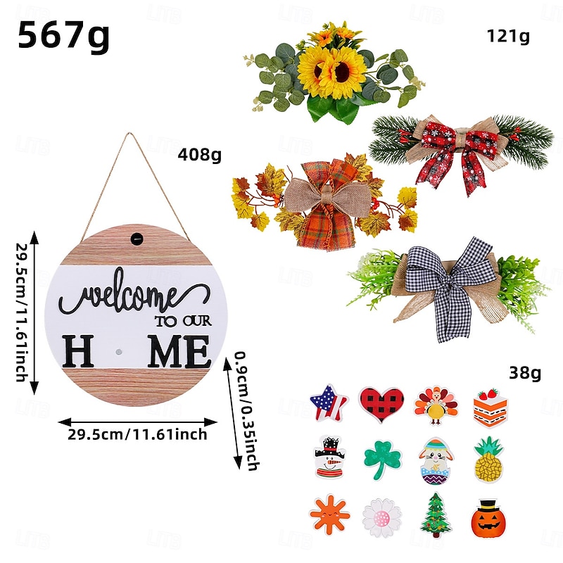 Interchangeable Welcome Sign for Front Door Round Wooden Magnetic Hanging Plaque with DIY Replaceable Icons, Creative Rustic Front Porch Door Hanger4