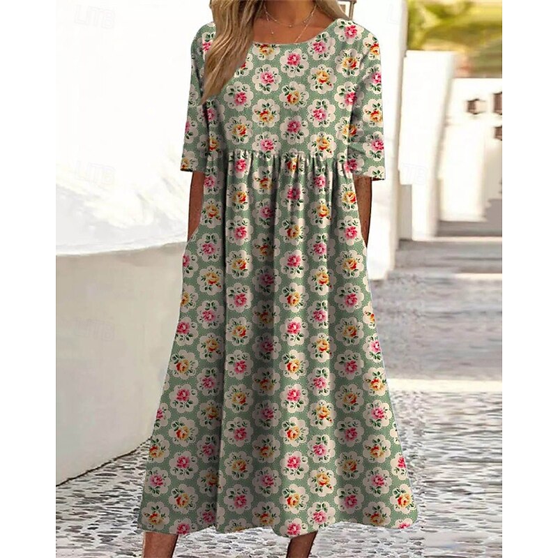 Women's Midi Dress Casual Dress Summer Dress Fashion Modern Daily Beach Weekend Regular Fit Flower Half Sleeve Crew Neck Black Purple Green Spring Fall2