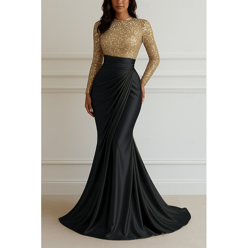 Sequin Mermaid Evening Gown Elegant Dress Formal Wedding Floor Length Long Sleeve Crew NeckMother Of the Bride Dress Stretch Satin with Glitter Pleats
