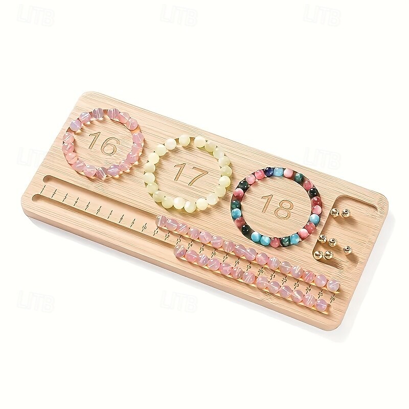 Solid Wood Bead Tray with Jewelry Organizer Numbered Compartments 16-18 Adjustable Divider and Golden Hooks - DIY Bracelet Making Bead Storage for Crafters Bead Organizer Storage