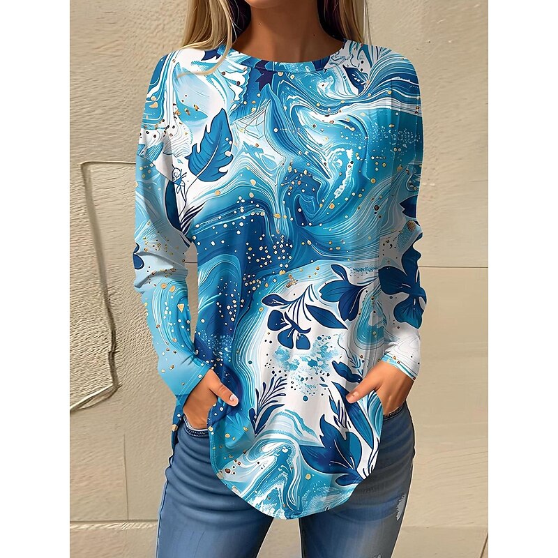 Women's T Shirt Graphic Abstract Vintage Fashion Stylish Long Sleeve Crew Neck Regular Tops Weekend Print Pink Blue Sky Blue Green Spring Fall4
