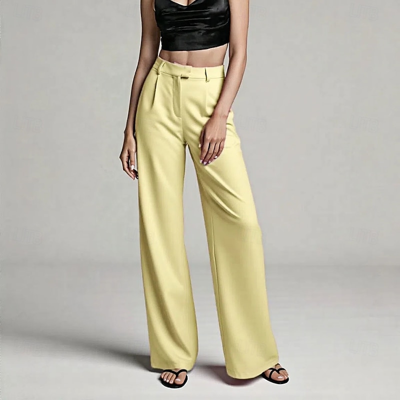 Women's Wide Leg Dress Pants Pants Trousers Fashion Full Length Natural Plain Side Pockets Comfy Breathability Office / Career Business Black White Yellow Pink Spring Fall Regular Fit4