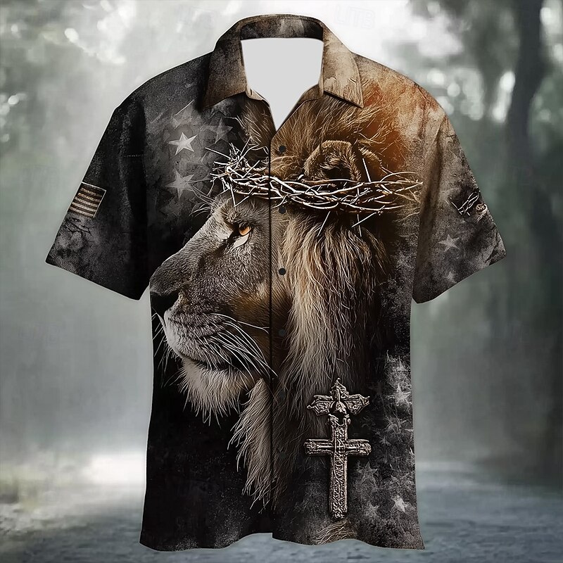 Men's Animal Lion Templar Cross Shirt Summer Shirt Button Up Shirt Short Sleeve Vintage Retro Outdoor Vacation Dailywear Summer Spring Turndown 3D Print Collared Shirts Black