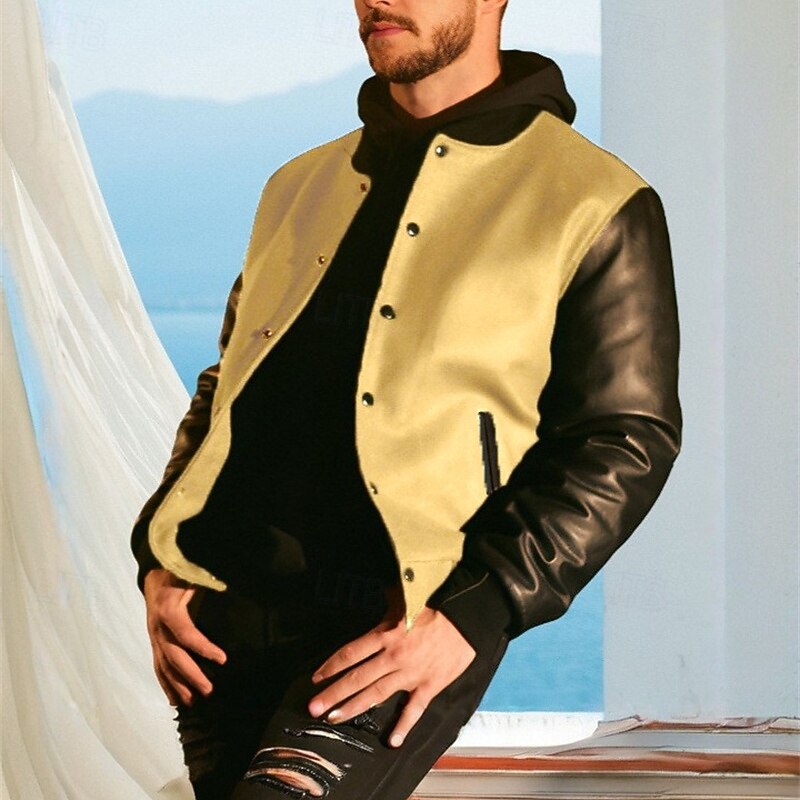 Men's Faux Leather Jacket Biker Jacket Varsity Jacket Vacation Daily Windproof Color Block Fall Winter Color Block Fashion Classic Stand Collar Regular Yellow Navy Blue Green Jacket