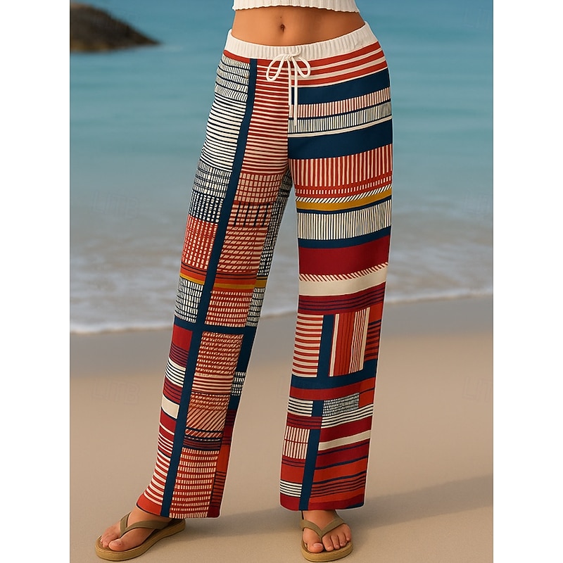 Women's Culottes Wide Leg Vacation Vintage Ethnic Style Full Length High Waist Geometric Abstract Patchwork Drawstring Printing Quick Dry Breathability Soft Inelastic Formal Outdoor Vacation Black