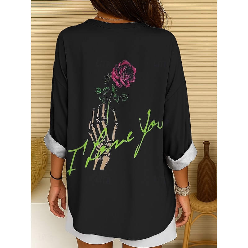 Halloween Women's Blouse Skulls Print Tunic V Neck Long Sleeve Boho Casual Heart LOVE Graphic Vintage Stylish Regular Tops Daily Print Black White Orange Fall2