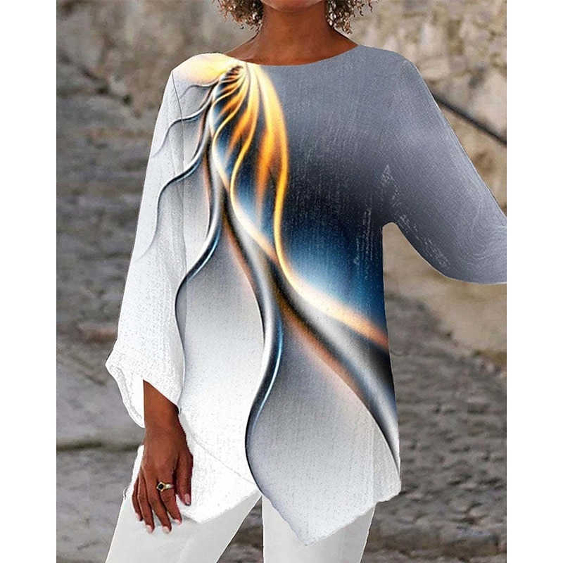 Women's T Shirt Tee Top Graphic Fashion Modern Long Sleeve Crew Neck Regular Tops Daily Print Asymmetrical Gray Spring Fall