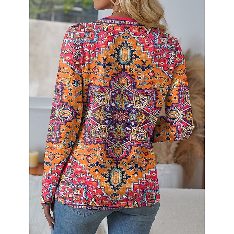Women's T Shirt Graphic Geometric Vintage Stylish Casual Long Sleeve Notched Neck Regular Tops Daily Print Yellow Blue Purple Orange Summer Spring Fall2