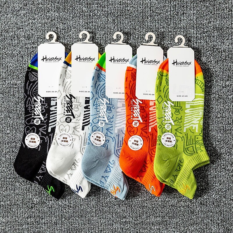 Men's 5 Pairs Multi Packs Socks Running Socks Casual Socks Black White Color Letter Vacation Sports & Outdoor Daily Basic Medium Spring Fall Fashion Casual3