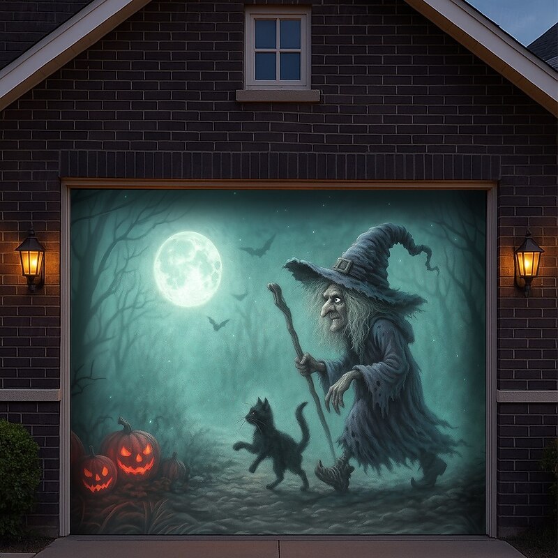 Halloween Garage Door Cover Witch Flying Under Full Moon Banner, Large Tapestry Backdrop Decoration for Holiday Outdoor Garage Door and Home Wall, 2025 Halloween Decorations4