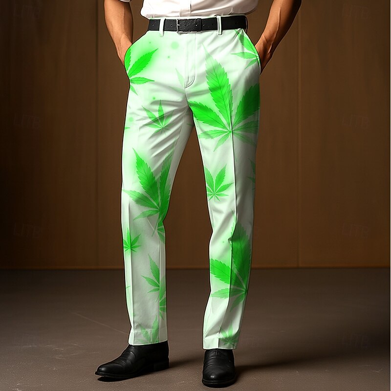 Men's Dress Pants Trousers Suit Pants Weed Leaf Neon Full Length Outdoor Party Holiday Casual Black White Micro-elastic2