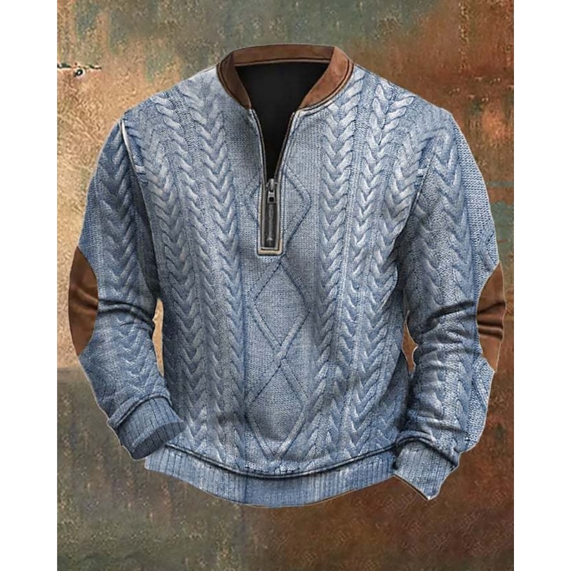 Men's Sweatshirt Quarter Zip Sweatshirt Blue Khaki Half Zip Color Block Print Ribbed Textured Knit-texture Sports & Outdoor Daily Holiday Polyester Streetwear Basic Casual Spring Autumn / Fall2