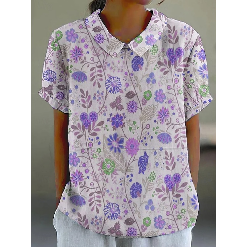 Women's Shirt Floral Daily Casual Short Sleeve Shirt Collar Regular Tops Daily Holiday Buttons Print Light Green Pink Red Blue Purple Summer Spring4