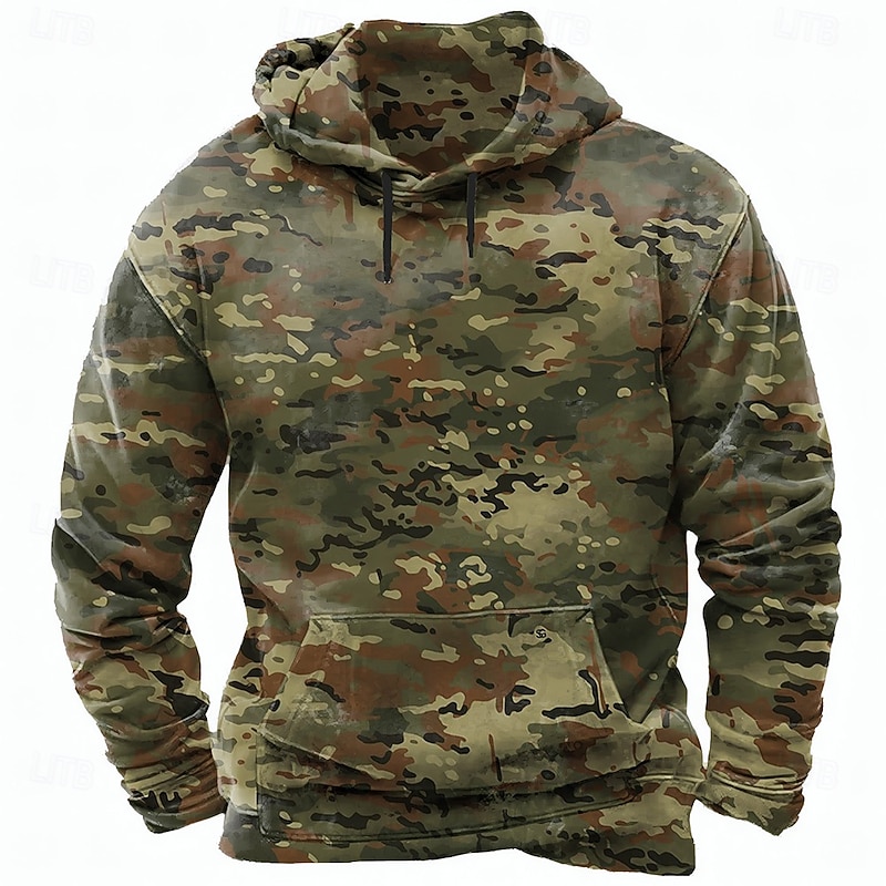 Men's Camouflage Hoodies Sweatshirt Fashion Vintage Retro Long Sleeve Crew Neck Sports Outdoor Hunting Red Blue Drawstring Fall Winter Designer