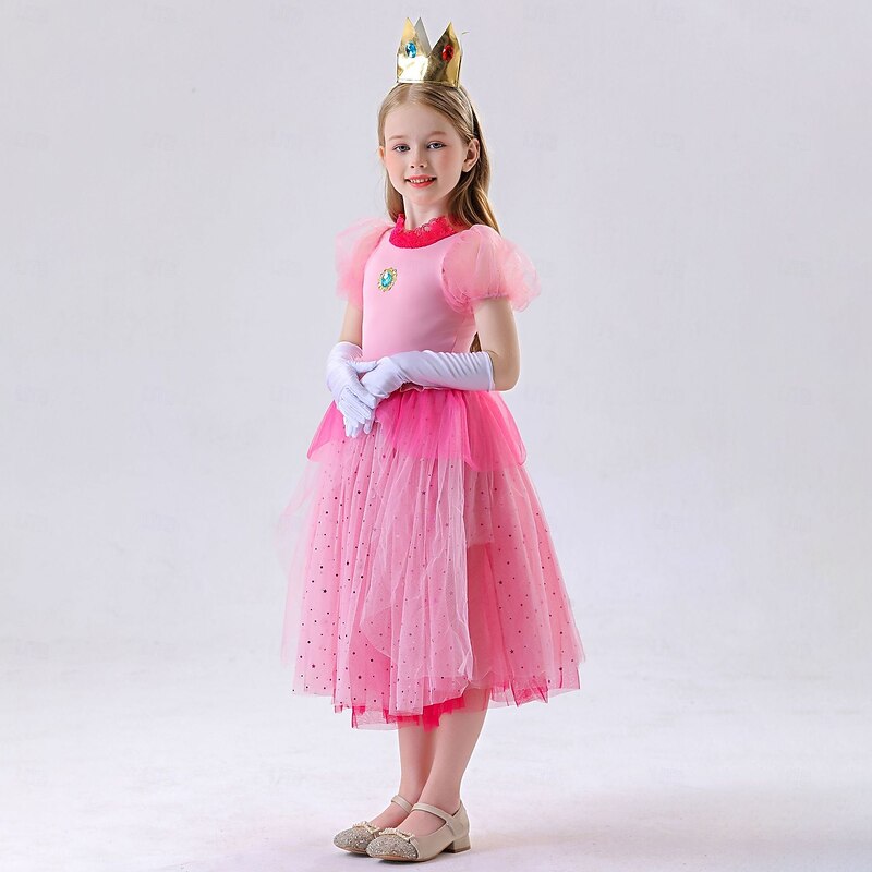 Princess Peach Dress Outfits Tulle Dresses Adventure Movie Cosplay Movie Cosplay for Girls' Kid's Halloween Carnival World Book Day Performance School Event Dress Up4
