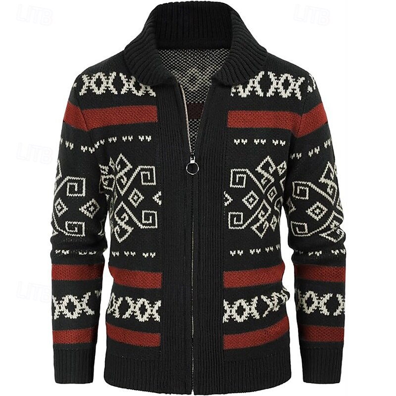 Men's Cardigan Sweater Cropped  Sweater Zip Sweater Knit Sweater Ribbed Knit Regular Tops Zipper Argyle Lapel Fashion Classic Vacation Daily Wear Clothing Apparel Fall Winter Black Red S M L