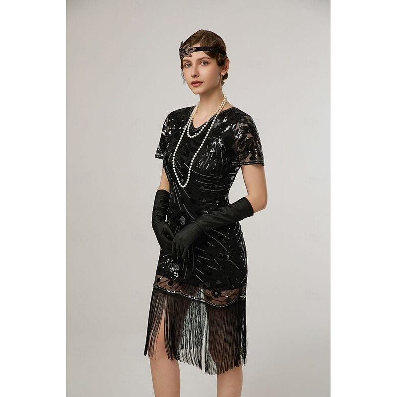 Retro Vintage Roaring 20s 1920s Midi Flapper Dress Cocktail Dress The Great Gatsby Flapper Girl Sequins Fringe V Neck Fancy Dress Women's Christmas Halloween Carnival Wedding Evening Party Masquerade3