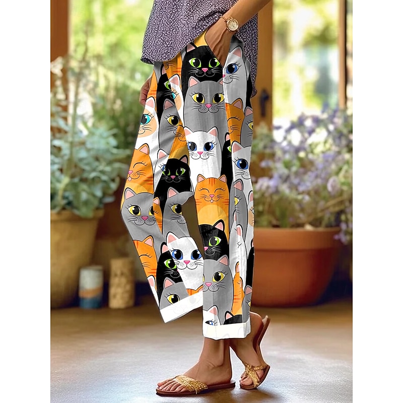 Women's Chinos Straight Vacation Vintage Casual Ankle-Length High Waist Graphic Animal Embroidered Pocket Printing Soft Outdoor Breathable Inelastic Vacation Casual Daily Amethyst Robin's Egg Blue