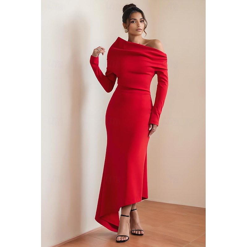 Cape Dress Mermaid / Trumpet Cocktail Dresses Elegant Dress Formal Wedding Asymmetrical Hem Gathered Long Sleeve Off Shoulder Stretch Crepe with Ruched Details