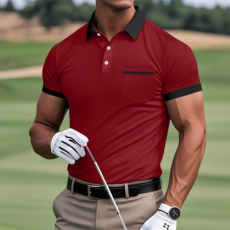 Men's Golf Shirt Pique Polo Shirt Work Casual Lapel Ribbed Polo Collar Short Sleeve Basic Modern Color Block Pocket Summer Regular Fit White Light Blue Burgundy Navy Blue Grey Golf Shirt4