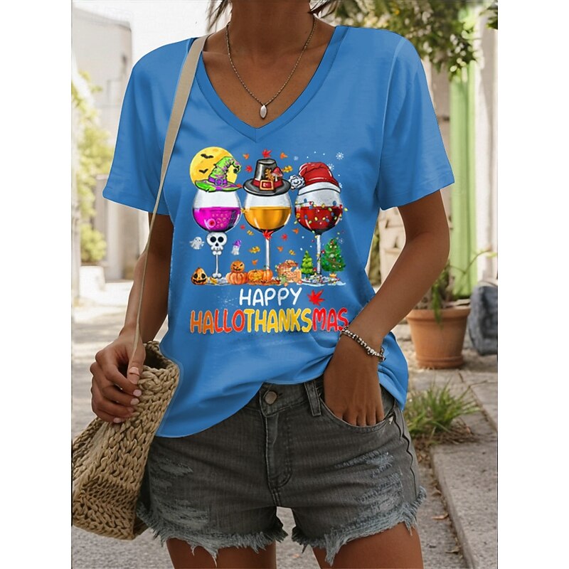 Halloween Women's T Shirt Graphic Letter Halloween Vintage Stylish Classic Short Sleeve V Neck Regular Tops Daily Print Black Pink Blue Purple Orange Summer Spring3