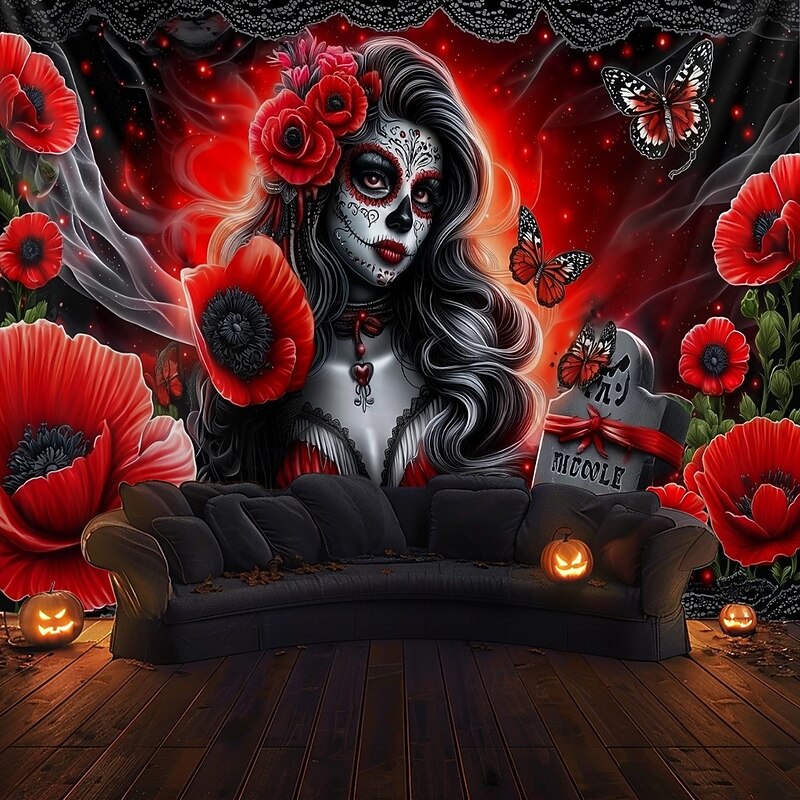 Day of the Dead Skeleton Bride Scene Wall Tapestry Backdrop, Gothic Red Curtain Spooky Decoration for 2025 Halloween Living Room, Bedroom2