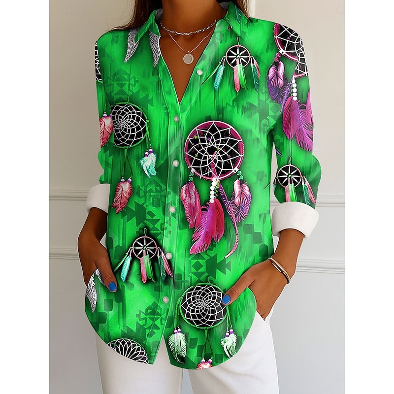 Women's Shirt Button Down Tunic Shirt Collar Long Sleeve Graphic Feather Elegant Vintage Tropical Regular Tops Daily Holiday Beach Wear s Print Pink Blue Orange Green Spring Fall2