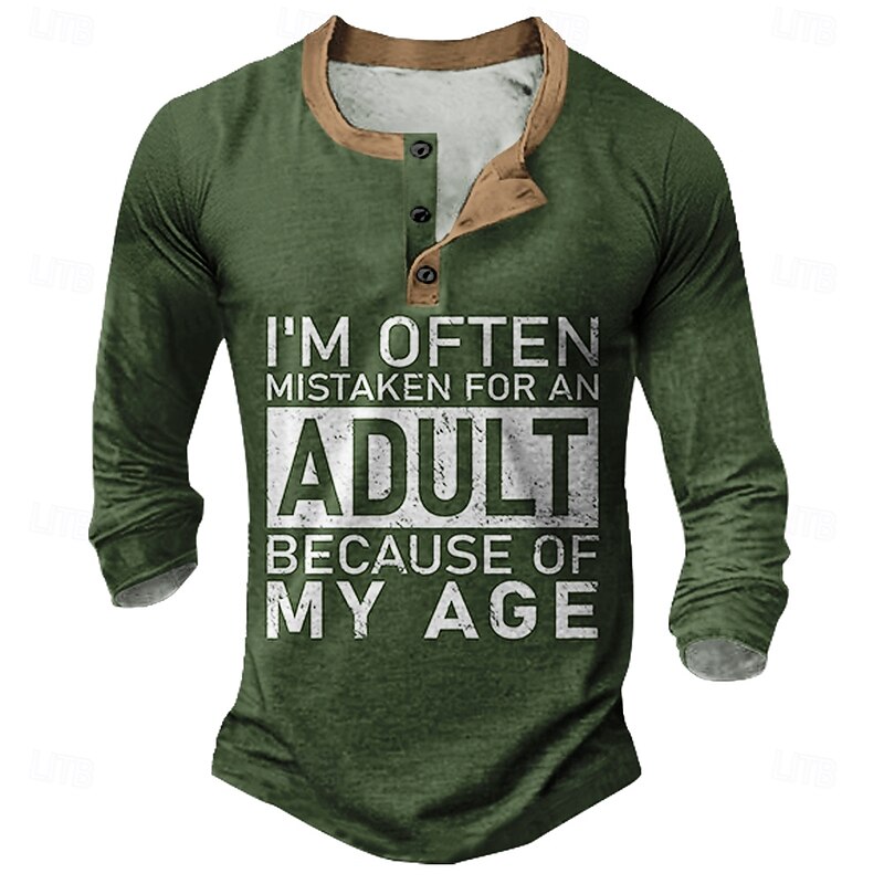 Men's Funny Henley 3/4 Sleeve Graphic T-Shirt with 'Mistaken for Adult' Quote2